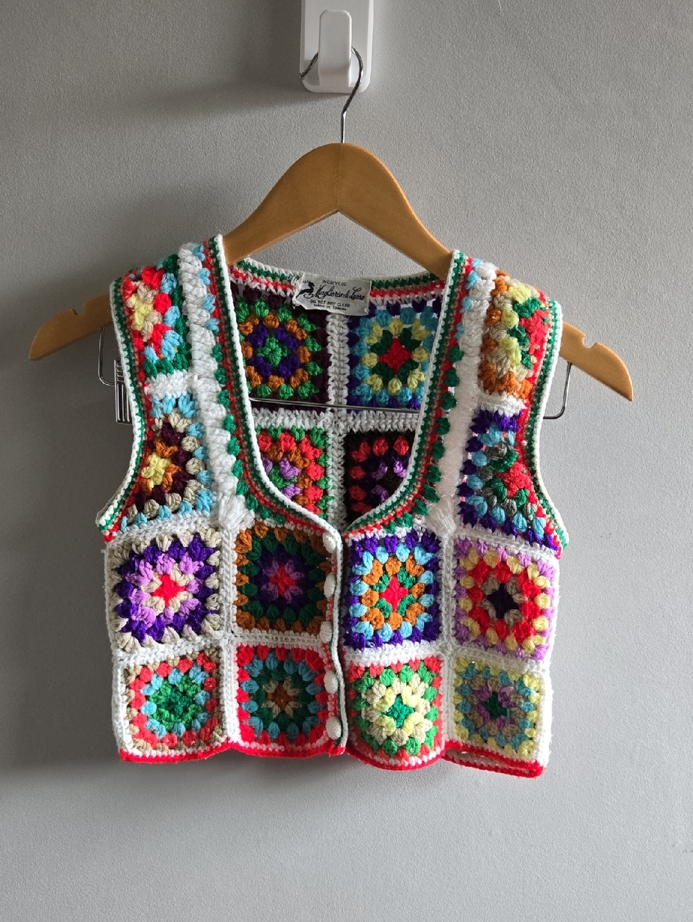 Vintage Maglieria di Lusso Crochet Granny Square Button Down Vest XS